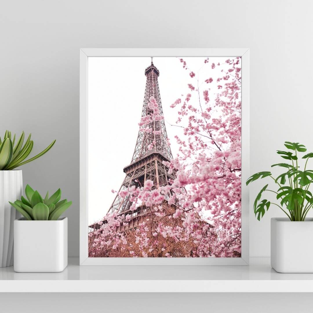 A wall art photo print of the Eiffel Tower in Spring with a white frame or unframed to style shelves and empty walls