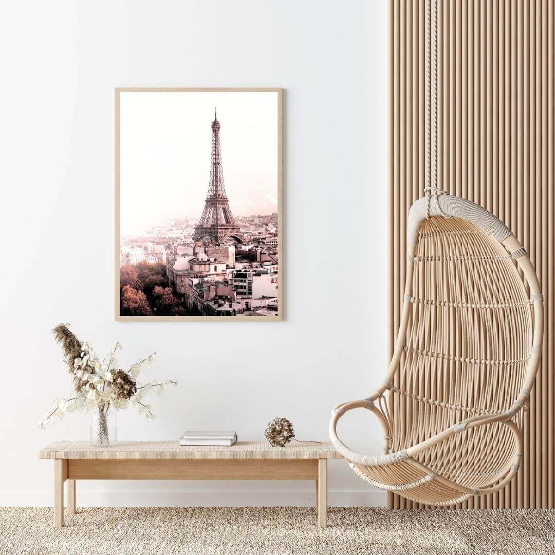 A wall art photo print of the Eiffel Tower in Paris with a timber frame or unframed for your living room empty walls