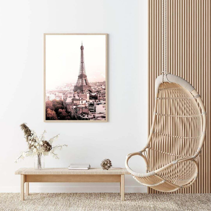 A wall art photo print of the Eiffel Tower in Paris with a timber frame or unframed for your living room empty walls