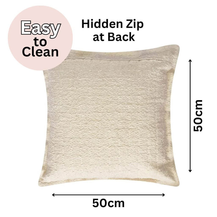 The hidden zip at the back of the Gemma Cream Boucle Cushion, measuring 50cm is the perfect decorative cushion to style your bed or sofa.