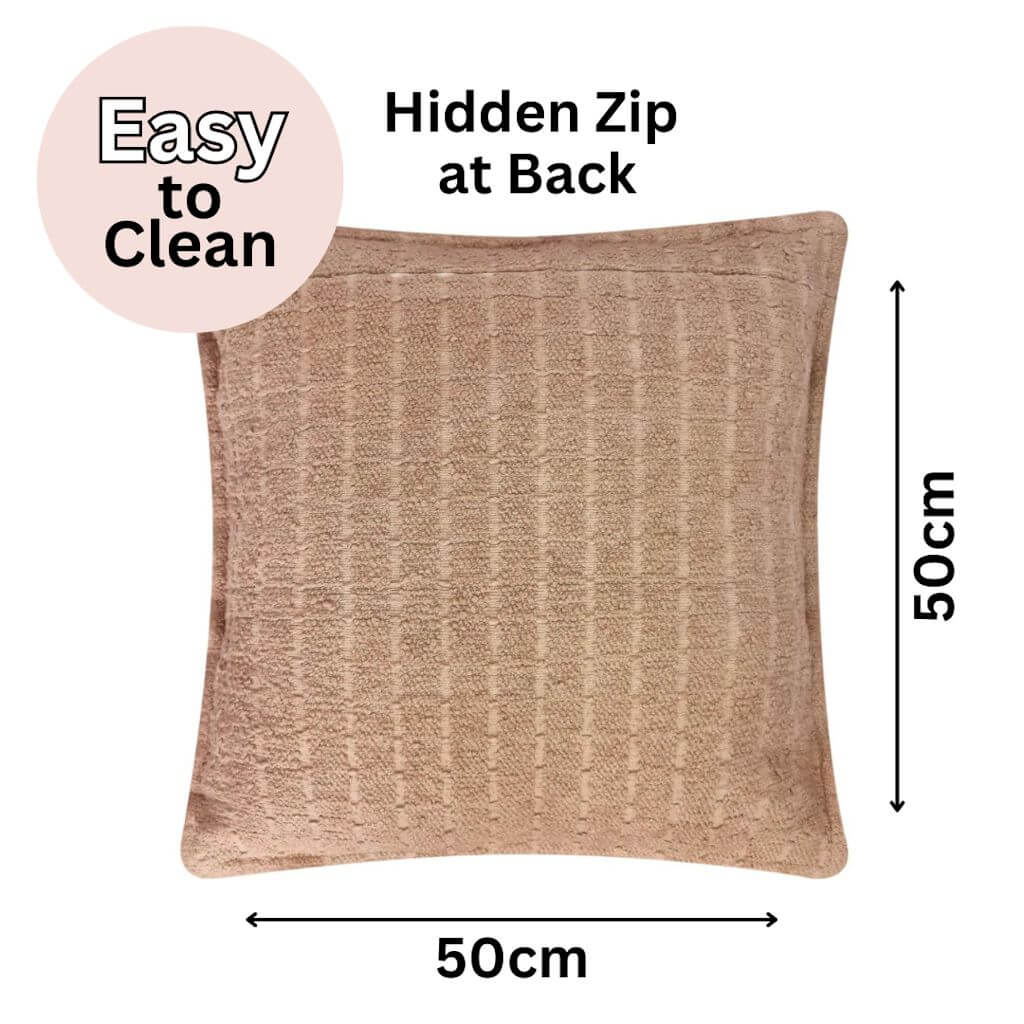 The hidden zip at the back of the Gemma Boucle Square Warm Taupe Cushion, measuring 50cm is the perfect decorative cushion to style your bed or sofa.