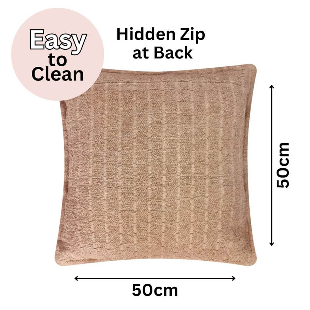 The hidden zip at the back of the Gemma Warm Taupe Boucle Cushion, measuring 50cm is the perfect decorative cushion to style your bed or sofa.