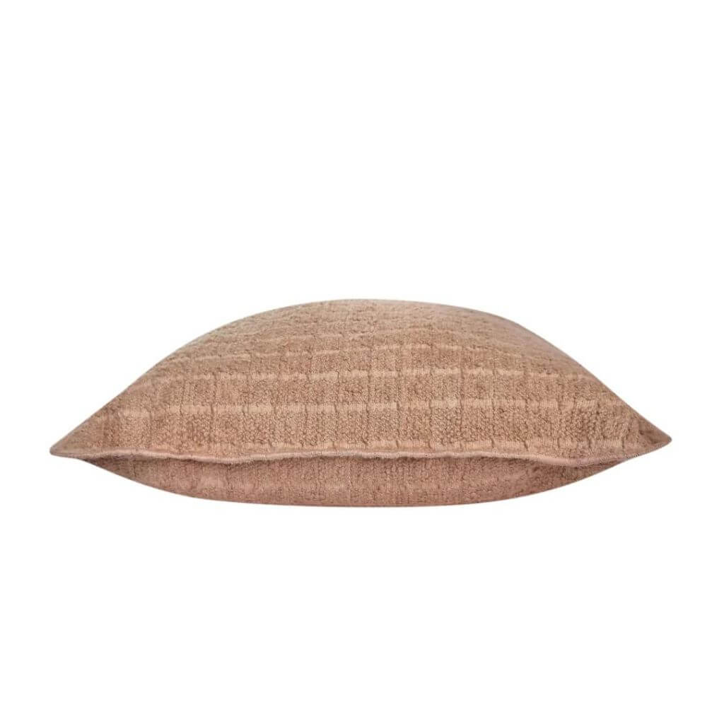 Side view of the square Gemma Warm Taupe Boucle Cushion, measuring 50cm is the perfect decorative cushion to style your bed or sofa.