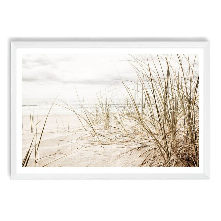 A wall art photo print of a grassy beach shore with a white frame, white border by Beautiful Home Decor