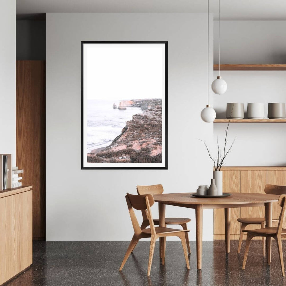 A wall art photo print of the Great Ocean Road B with a black frame to style a coastal Australian dining room