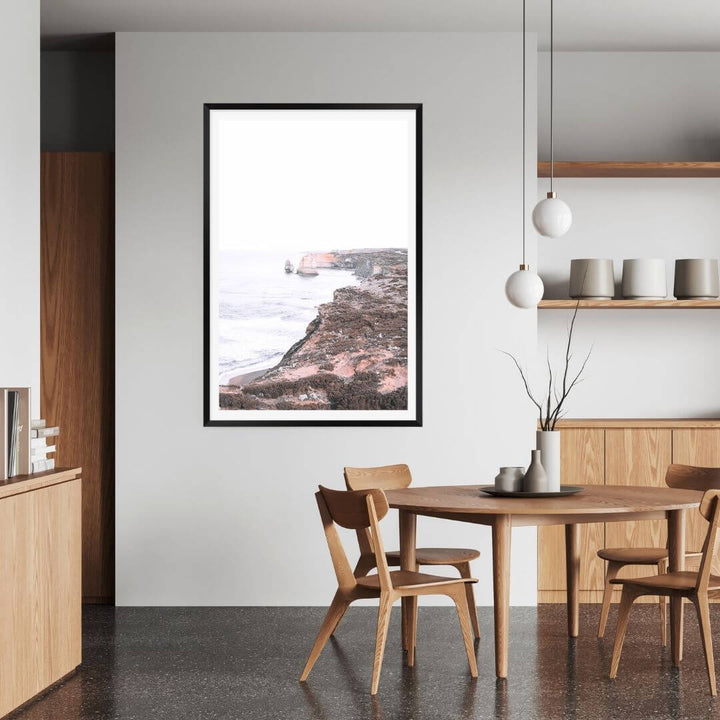 A wall art photo print of the Great Ocean Road B with a black frame to style a coastal Australian dining room
