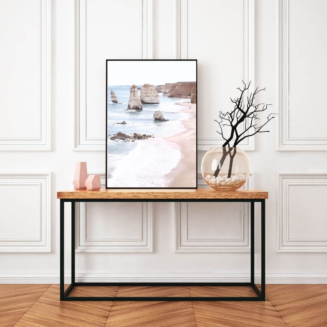 A wall art photo print of the Great Ocean Road A Twelve Apostles with a black frame to style a hallway table