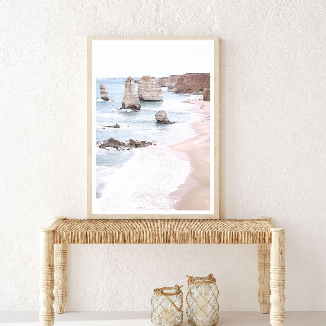 A wall art photo print of the Great Ocean Road A Twelve Apostles with a timber frame in hallway shop online at Beautiful Home Decor with free shipping