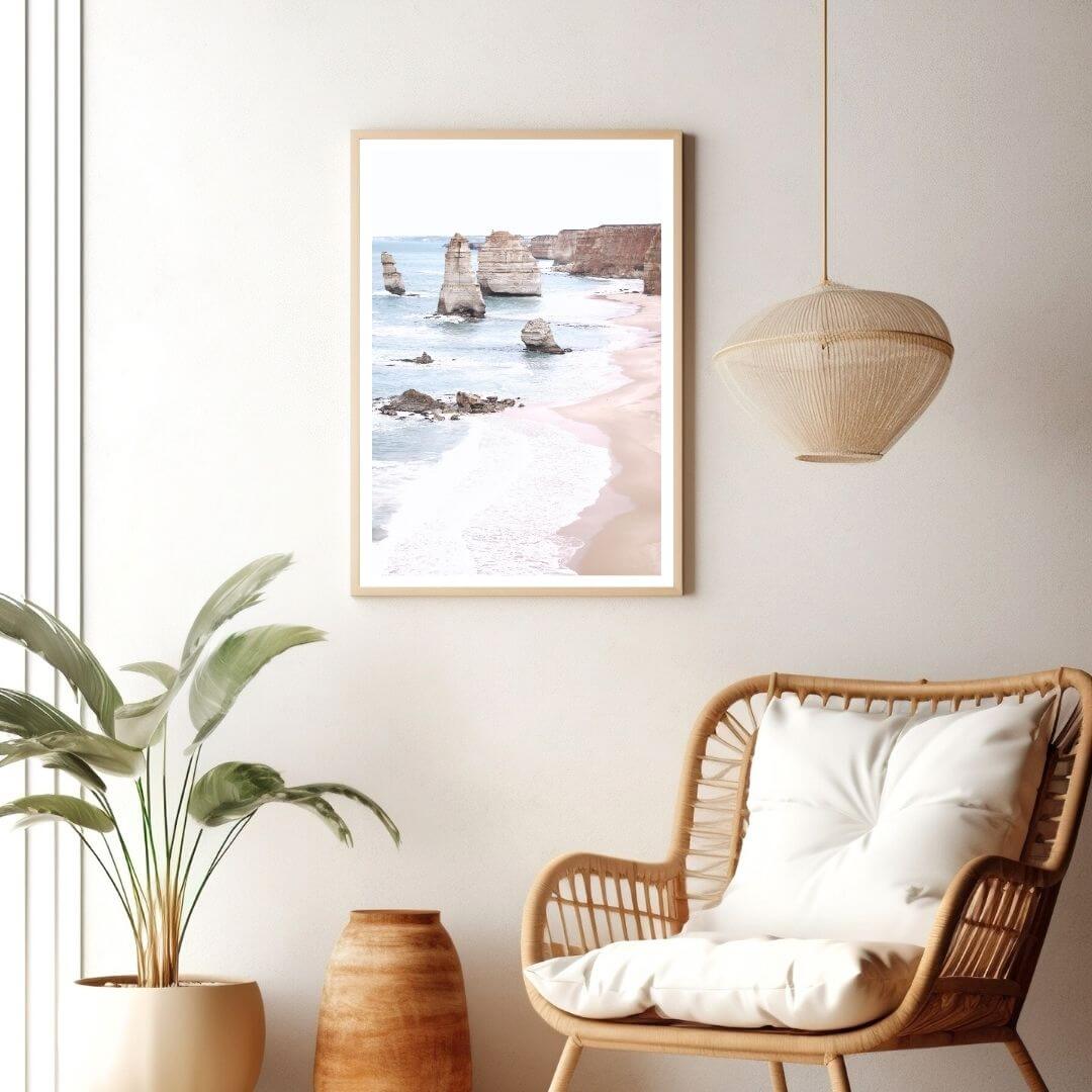 A beach wall art photo print of the Great Ocean Road A Twelve Apostles with a timber frame or unframed for your coastal living room behind sofa
