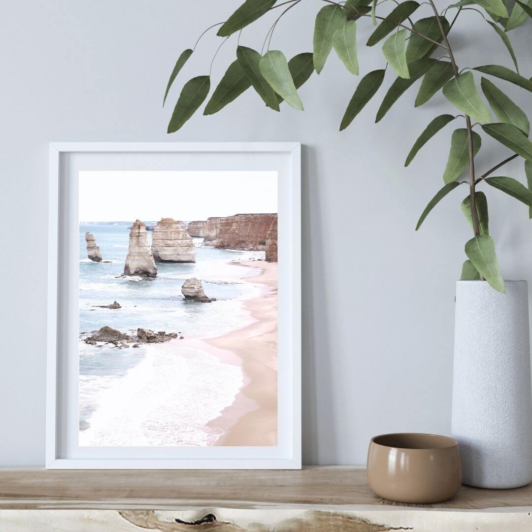 A coastal wall art photo print of the Great Ocean Road A Twelve Apostles with a white frame or unframed to style shelves and empty walls