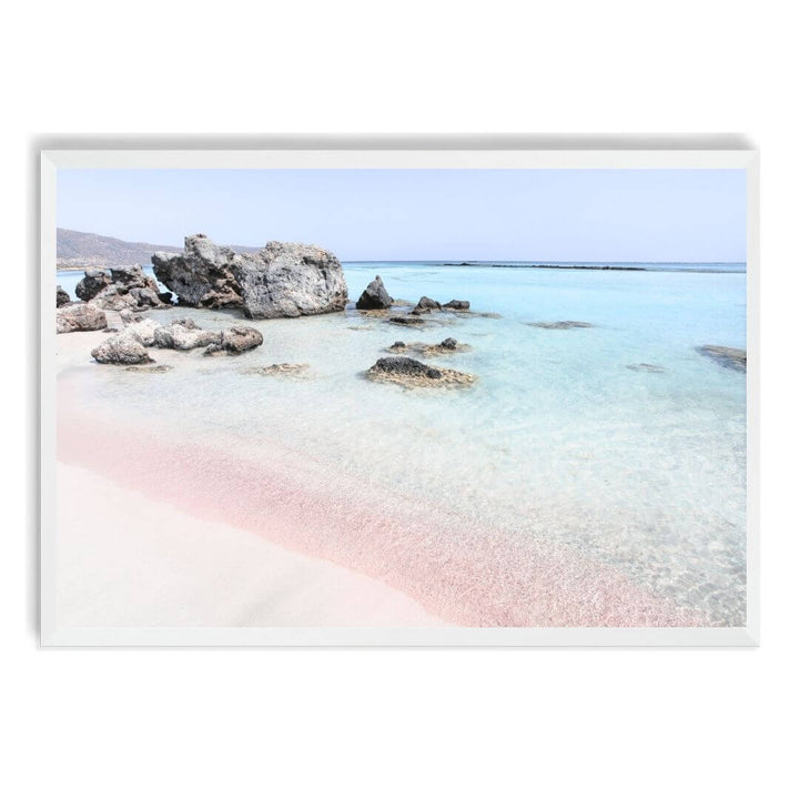 A coastal wall art photo print of a pink beach in Greece with a white frame, no white border at Beautiful Home Decor
