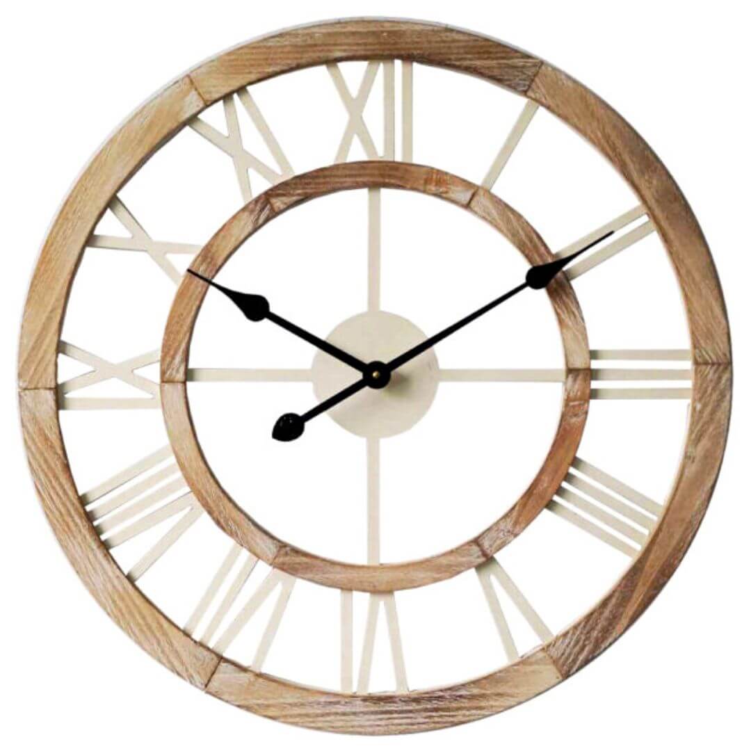 The large 80cm Hamptons Double Frame Floating Wall Clock features white numerals with a natural timber frame, measuring 60cm