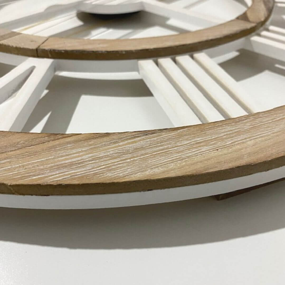 The 60cm 80cm Hamptons Double Frame Floating Wall Clock combines white numerals with a warm natural timber frame.