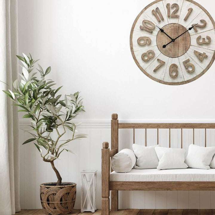 Coastal 70cm Hamptons Giro Large wall clock with white timber face and raised wood numbers, easy to hang.