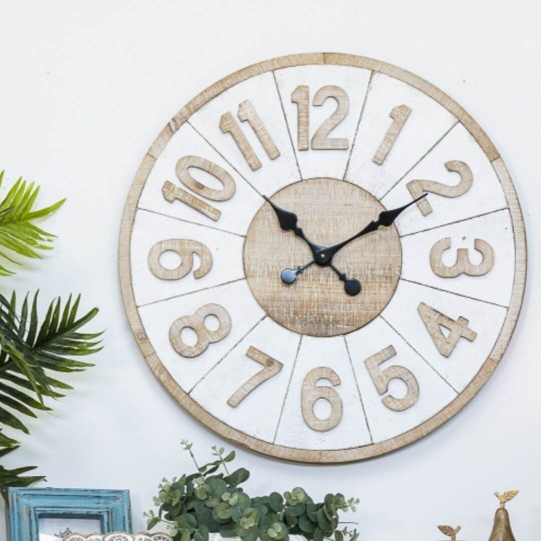A coastal white 70cm Hamptons Giro large Wall Clock with a timber clock face and raised wood numbers