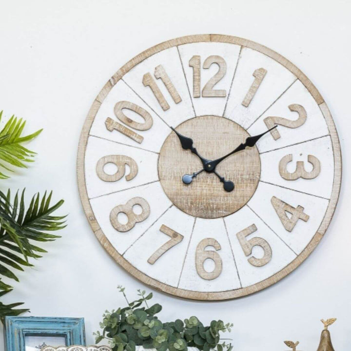 A coastal white 70cm Hamptons Giro large Wall Clock with a timber clock face and raised wood numbers