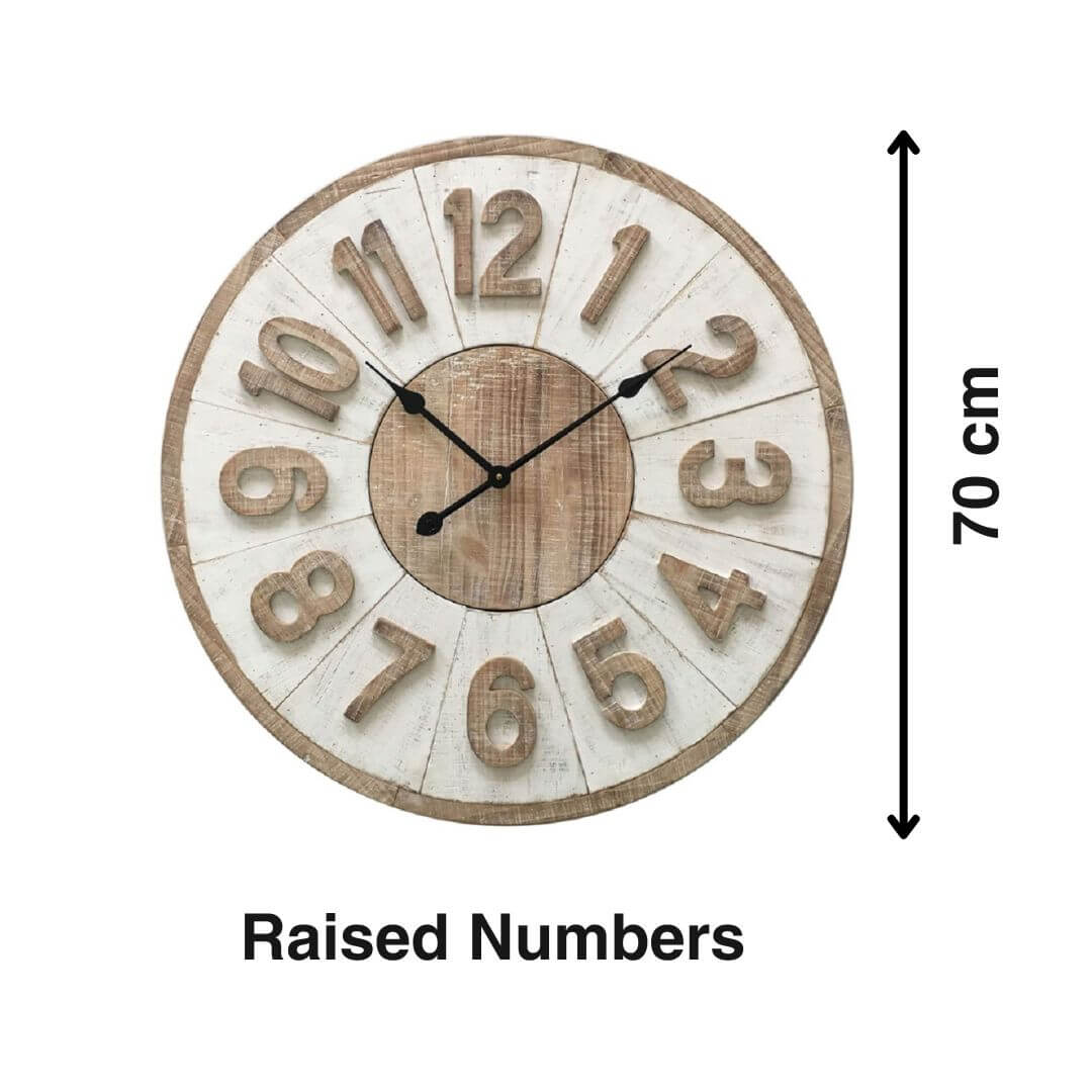 The 70cm extra large Hamptons Giro Wall Clock has a white timber clock face with raised wood numbers