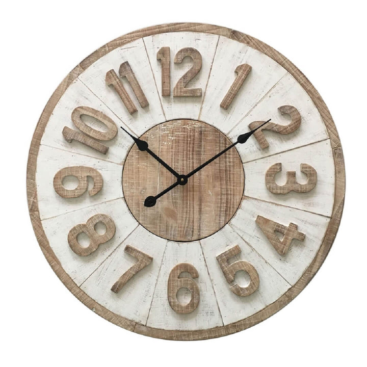 The 70cm Hamptons Giro Large Wall Clock has a white timber clock face with raised wood numbers