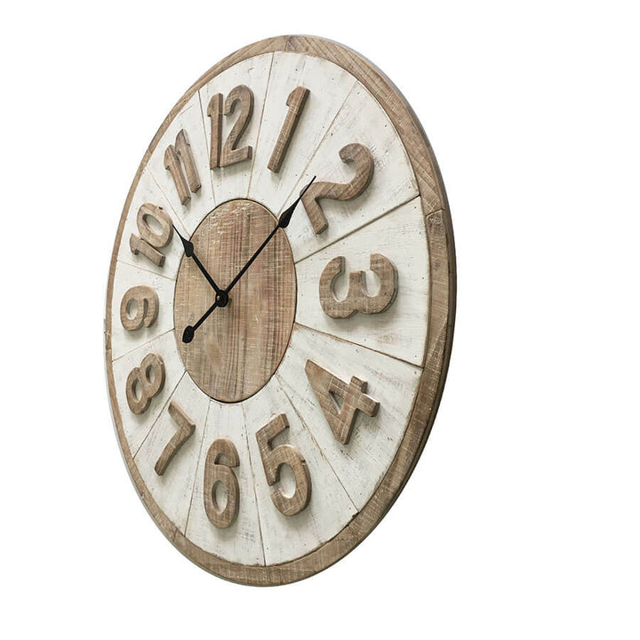 70cm Hamptons Giro large Wall Clock with white timber face, raised wood numbers, ideal for Coastal, Farmhouse, or Country style.
