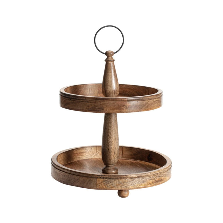 Wooden Two Tier Decorative Tray Display Stand with metal handle
