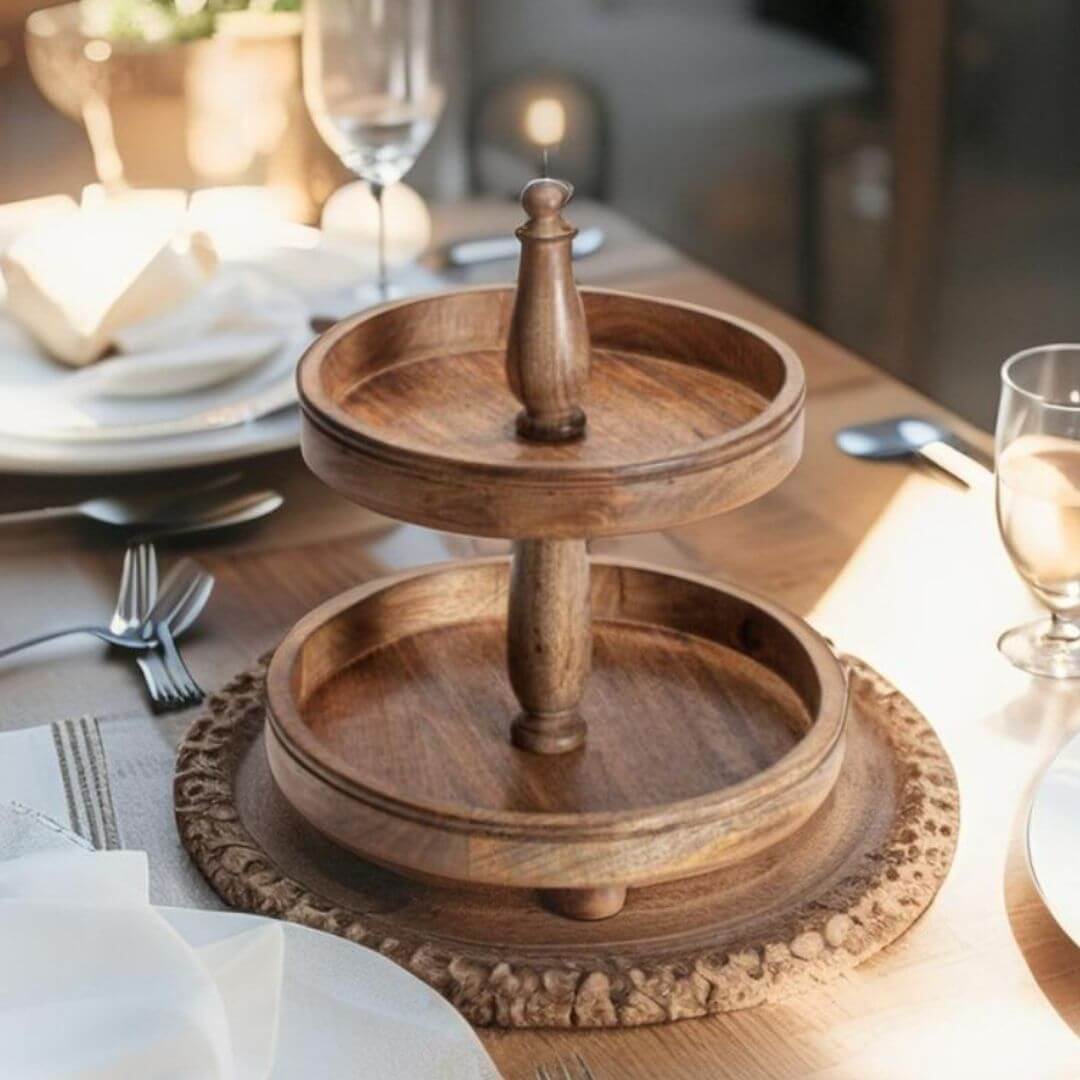 Wooden Two Tier Decorative Tray Display Stand on a dining room table by Beautiful Home Decor