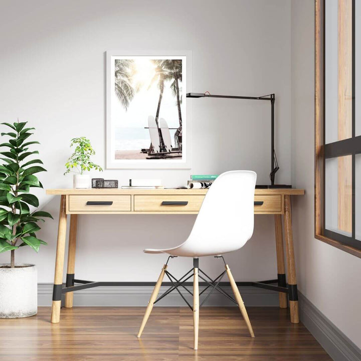 Coastal artwork of two white surfboards on a Hawaiian beach with palm trees and sunset view.