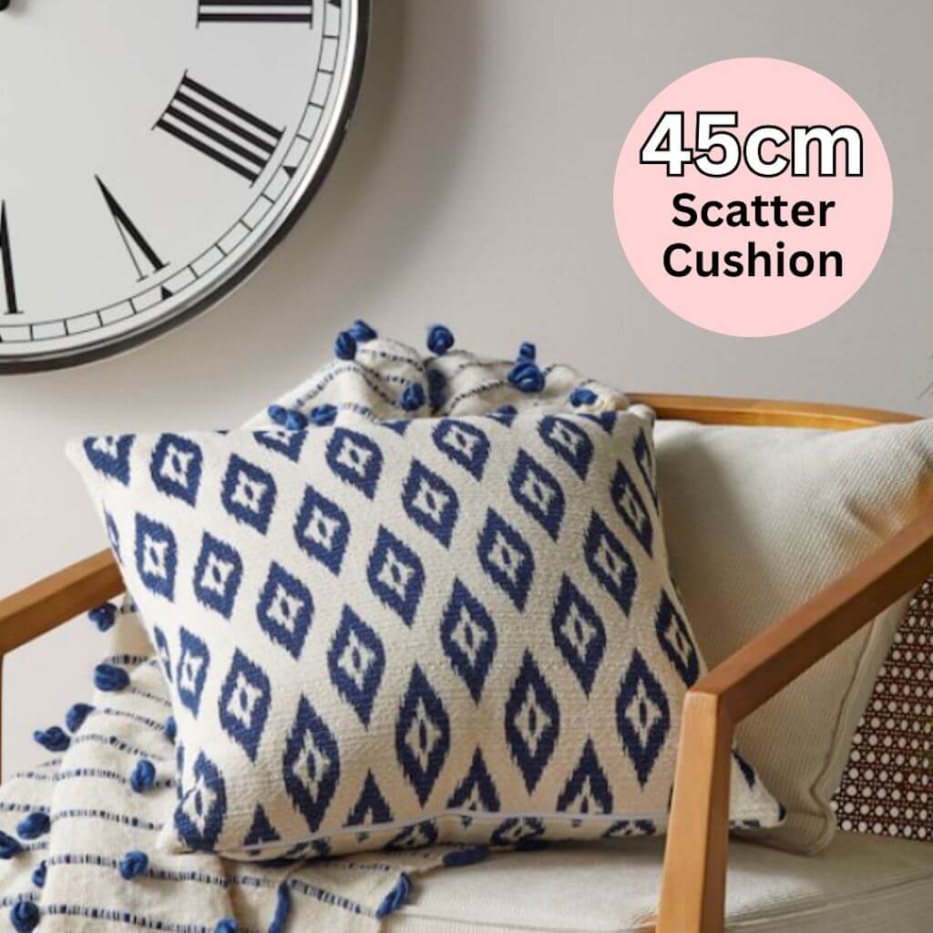 The 45cm square Hamptons Blue and White Cushion with a geometric shape perfect to style your Hamptons Coastal Home sofa or bedroom