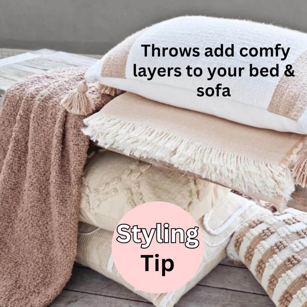 A soft and comfy Jade throw in warm taupe with a boucle pattern and tassels, measuring 130cm x 160cm, to style your bed or sofa.