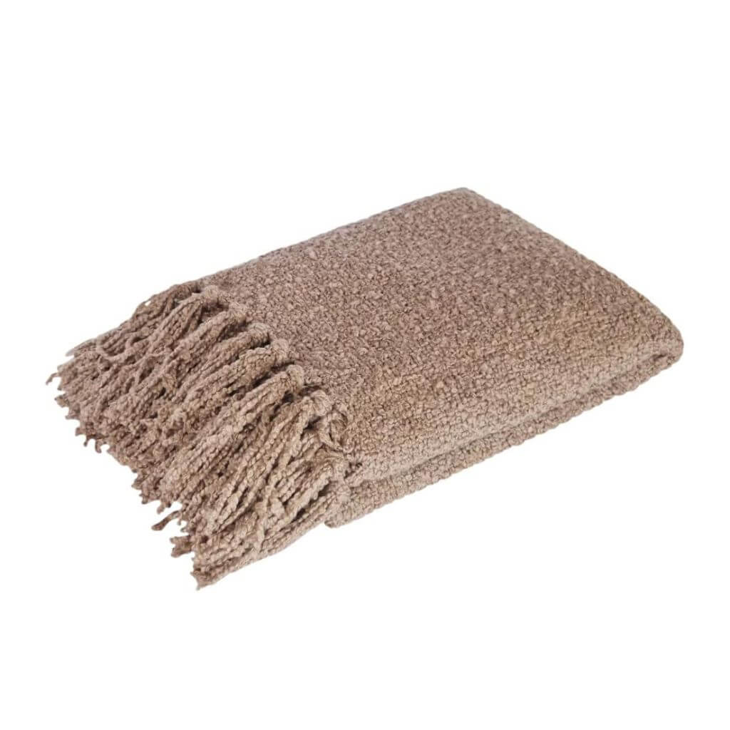 A beautiful Jade throw in warm taupe with a boucle pattern and tassels, measuring 130cm x 160cm, to style your bed or sofa.