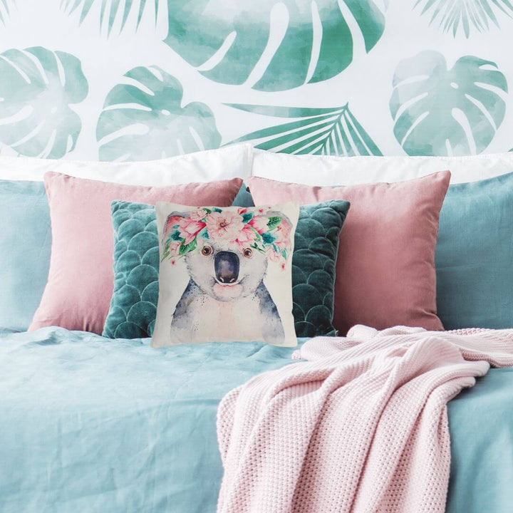 Kaia Koala Cushion – playful pink and green square cushion with animal print for girls’ bedroom