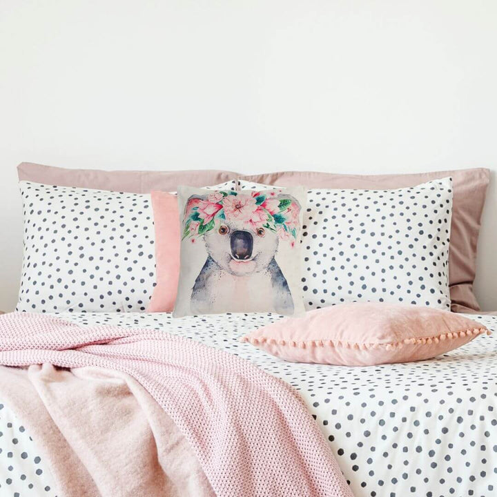 Square Kaia Koala Cushion in pastel pink and green – perfect for children's rooms