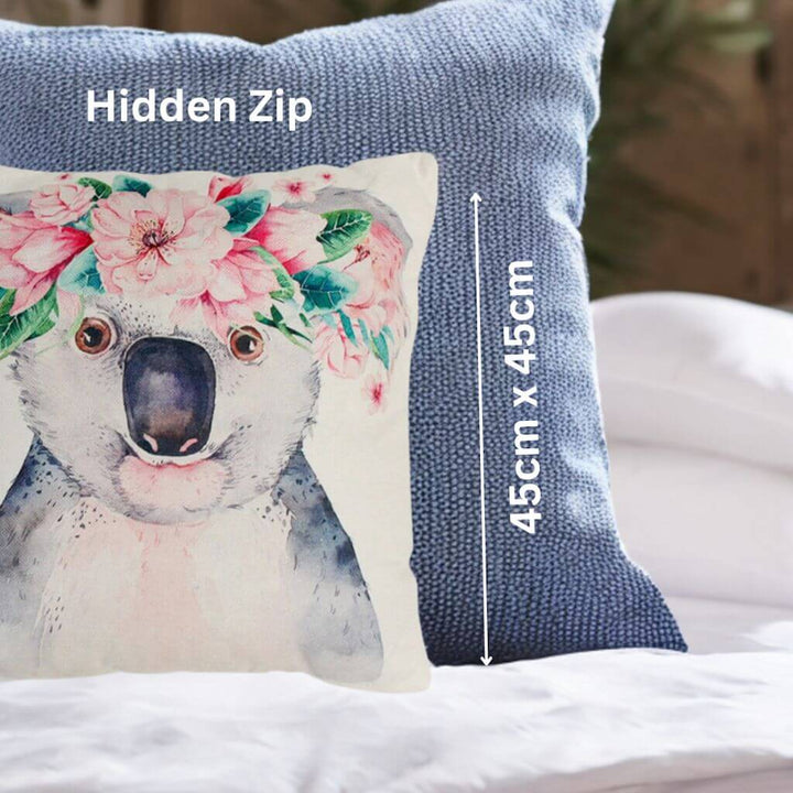 The Kaia Koala Cushion for a child room is 45cm and sqaure, with a removable cover.