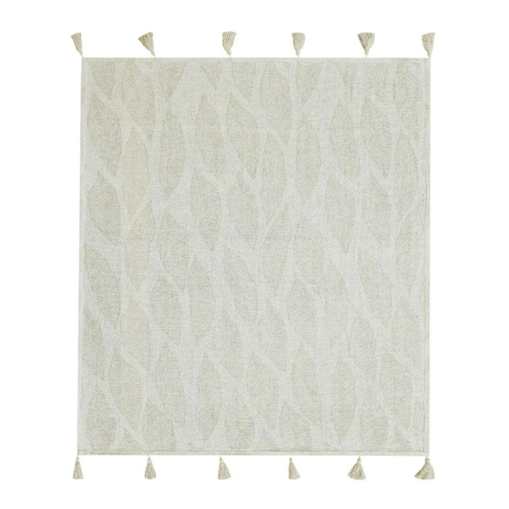 The front Kye Cream & Ivory Cotton Throw with a leaf pattern on both sides, measures 130cmx 160cm to decorate your bed or sofa.