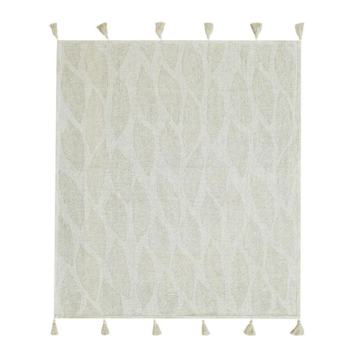 The front Kye Cream & Ivory Cotton Throw with a leaf pattern on both sides, measures 130cmx 160cm to decorate your bed or sofa.
