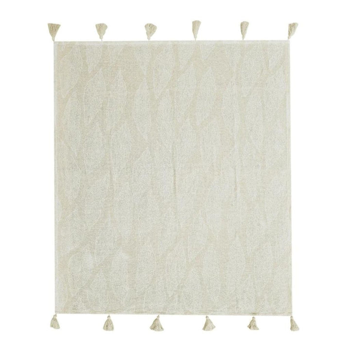 The back Kye Cream & Ivory Cotton Throw with a leaf pattern on both sides, measures 130cmx 160cm to style your bed or sofa.