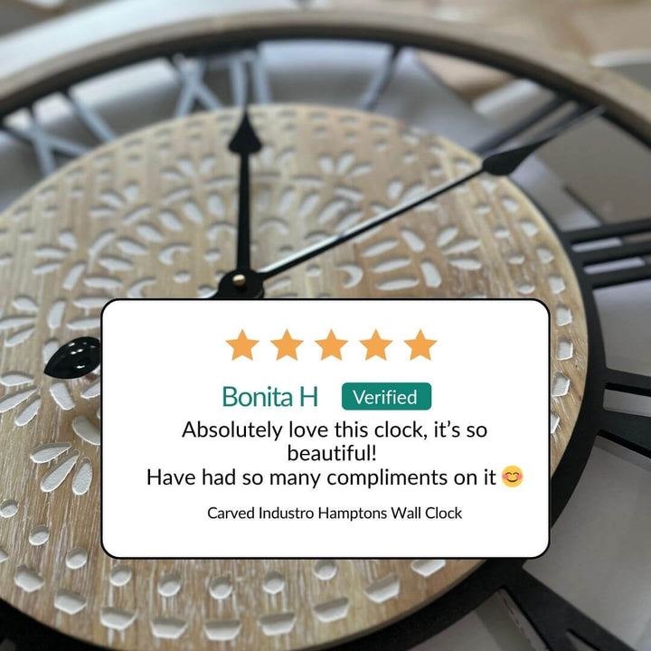 Customer review of 60cm Carved Industro Hamptons large Wall Clock for your coastal Australian Industrial styled home.