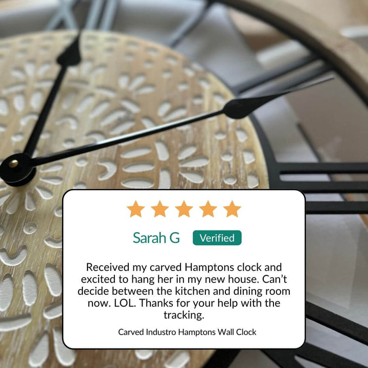 Carved Industro Hamptons wall clock with a five-star review from Sarah G.