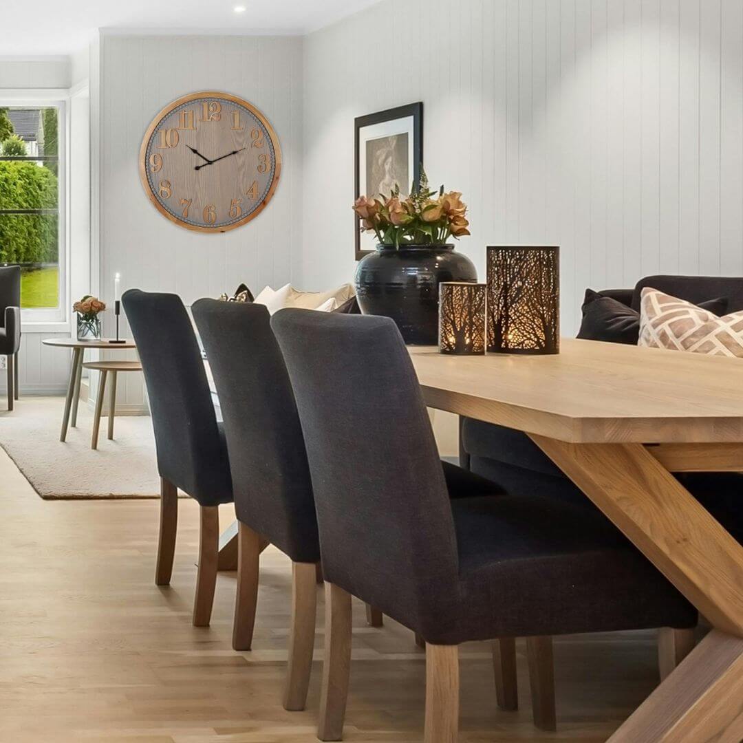 60cm Contemporary Grey Timber Wall Clock with raised timber numbers and soft grey clock face in a dining room