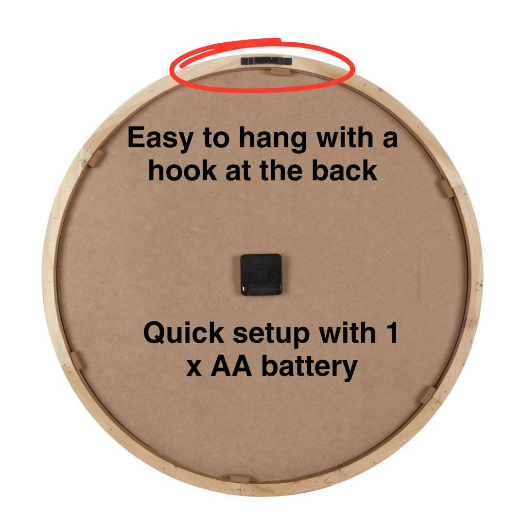 Back view of the 60cm Contemporary Grey Timber Wall Clock with timber frame and battery holder