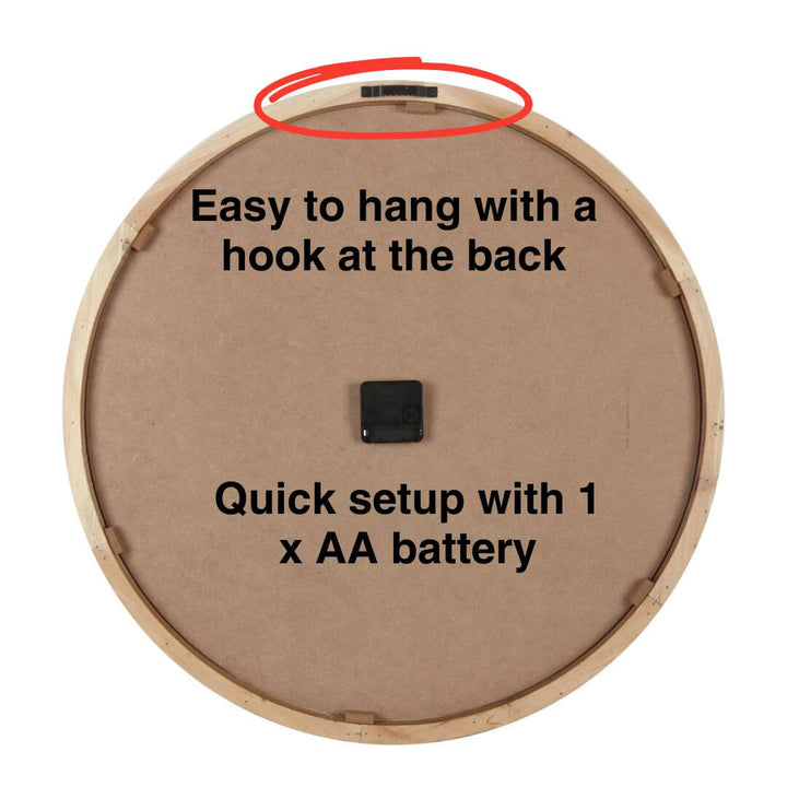 Back view of the 60cm Contemporary Grey Timber Wall Clock with timber frame and battery holder