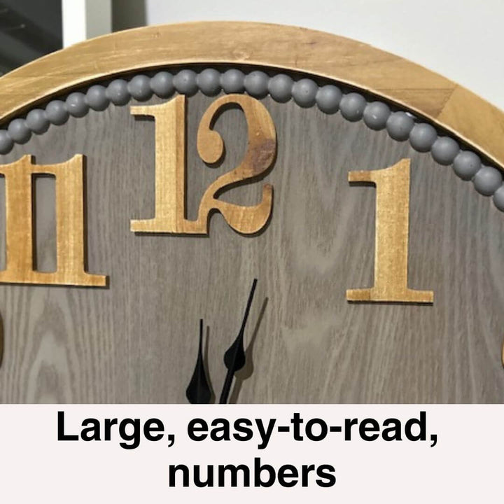 Large 60cm Contemporary Grey Timber Wall Clock with modern wood numbers and soft grey style.