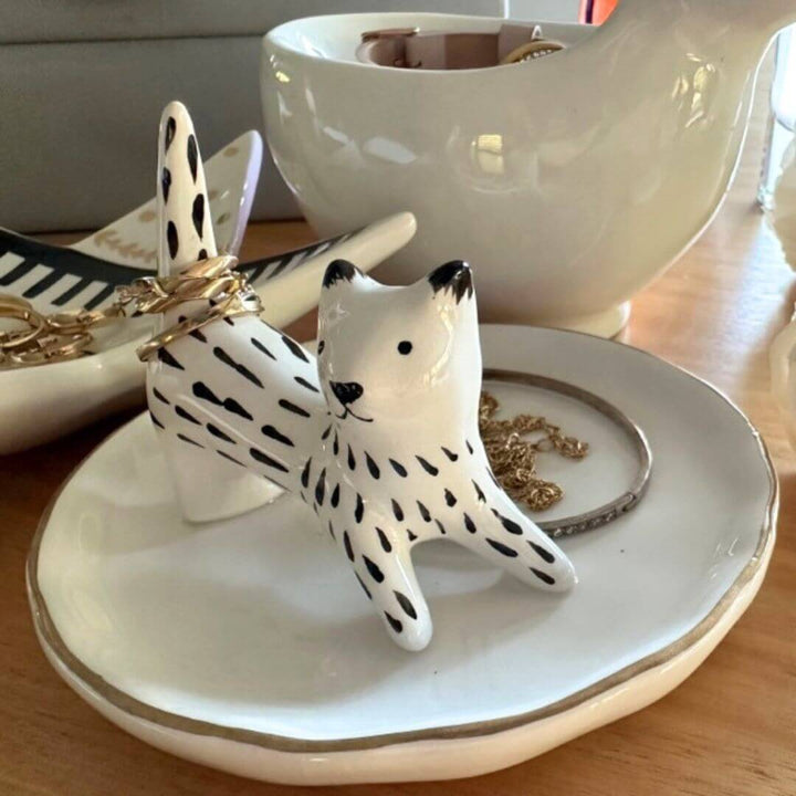 A black and white Lily Cat Jewellery Holder Trinket Plate to store your jewellery