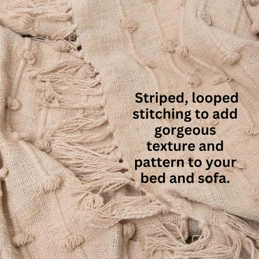 The patterns and looped stitching on the  Liza Throw in Oatmeal brown measures 130cm x 170cm, the perfect size to style your bedroom or living room sofa.