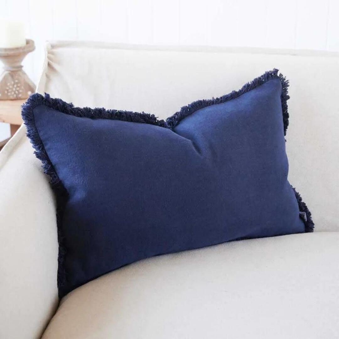 A stylish Navy Blue Rectangle 40cm x 60cm Luca Boho Fringe Linen Cushion and throw bundle set for your Hamptons Coastal Home Decor.