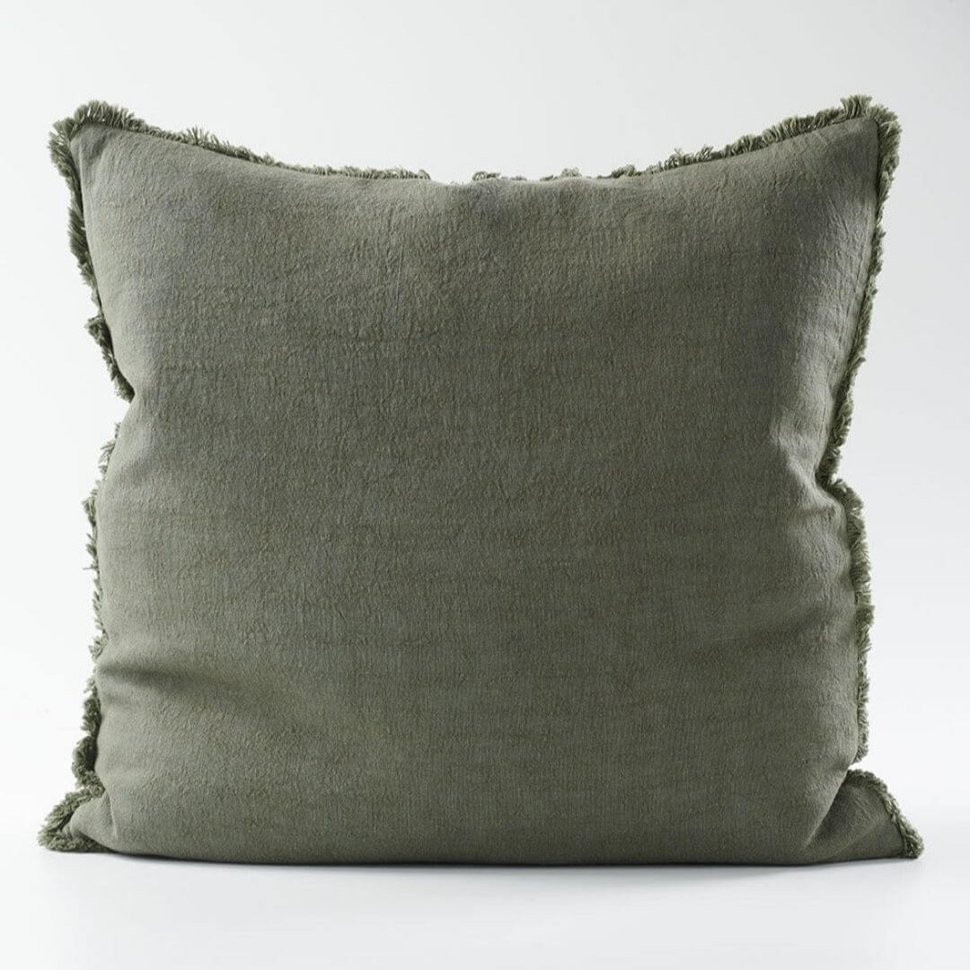 A Khaki Green Square 50cm Luca Boho Fringe Cushion with cotton fringe edge.