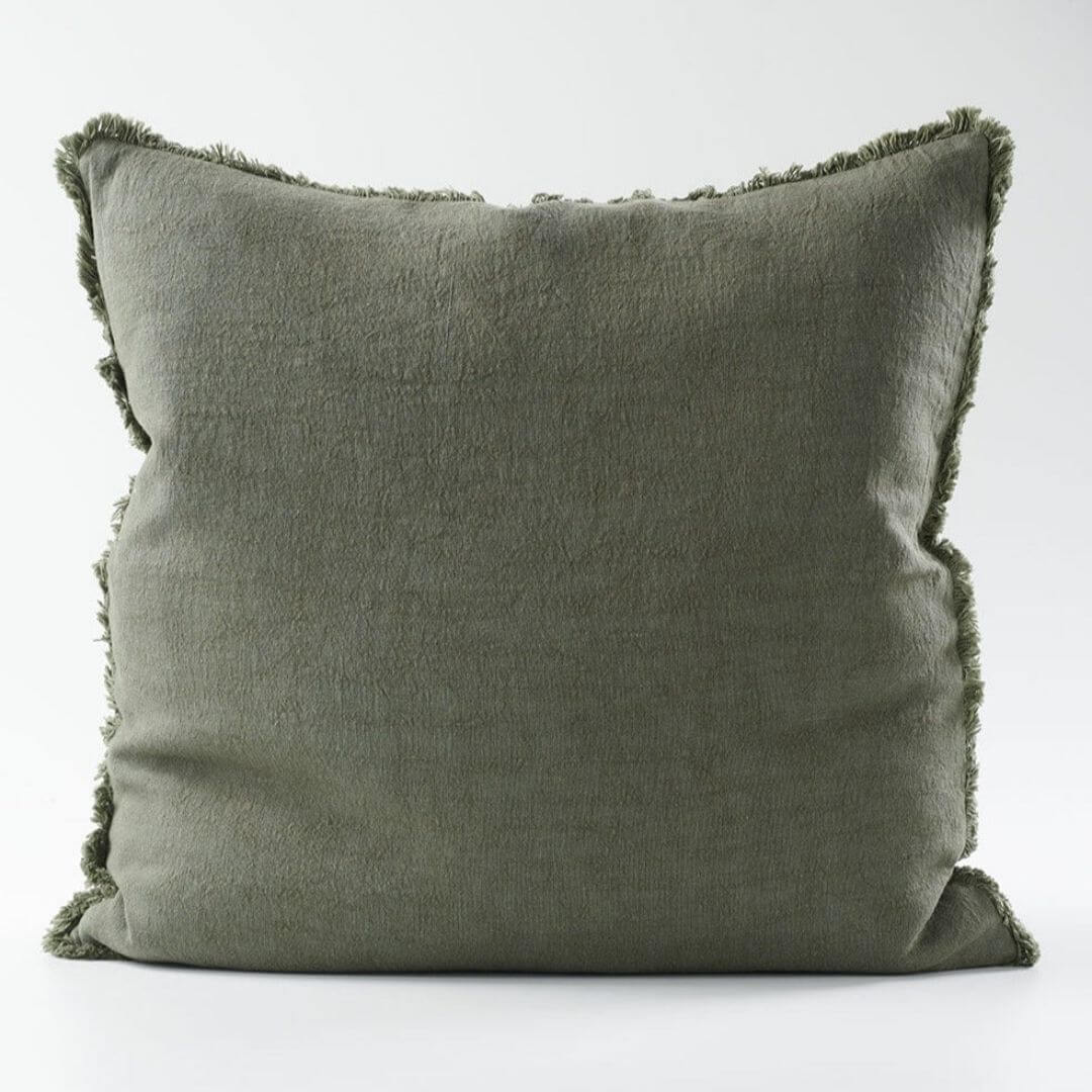 A Khaki Green Square Luca 50cm Linen Cushion and Throw Set to match