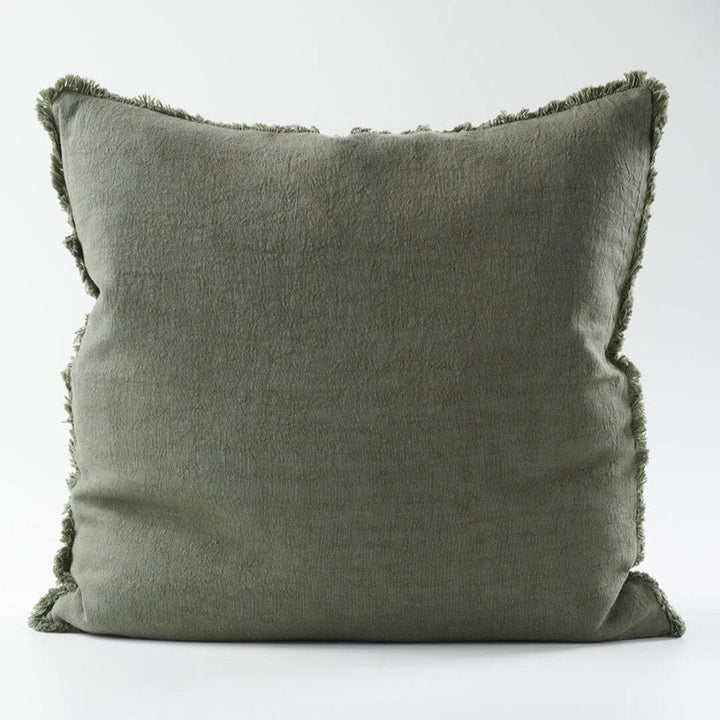 A Khaki Green Square Luca 50cm Linen Cushion and Throw Set to match