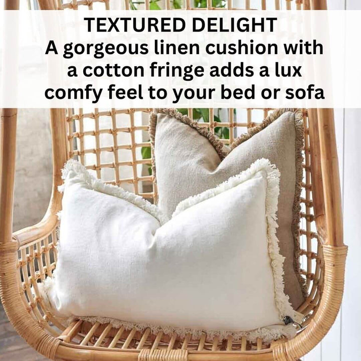 The Square 50cm Luca Boho Linen Cushion with Fringe add comfy casual vibes to your home styling.