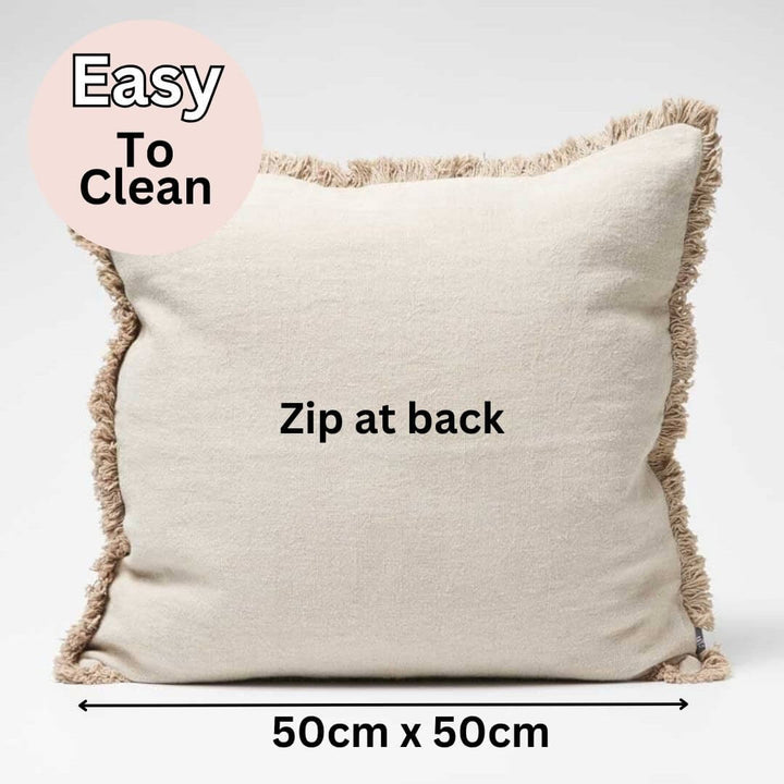 The natural Luca 50cm Linen Cushion and Throw Set has a zip at the back and removable cover cushion