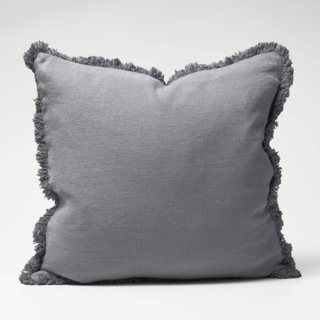 A modern slate grey Square 60cm Luca Boho Fringe Linen Cushion and throw bundle set.